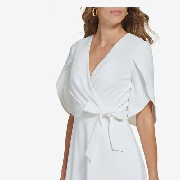 DKNY Womens Tulip-Sleeve V-Neck Dress Ivory Office Wear to Work Dress M - Picture 3 of 16